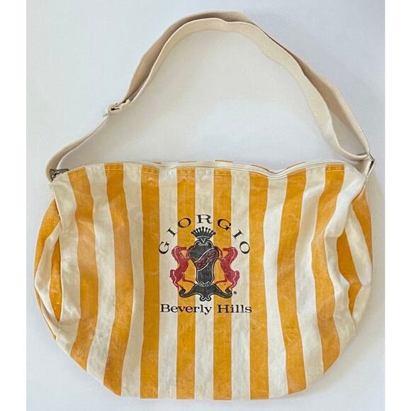 GIORGIO BEVERLY HILLS Yellow & White Striped Beach Tote Bag Rare 80s 90s VINTAGE - Picture 1 of 3